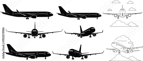 Airplane icons and silhouettes set, passenger jet aircraft in various flight perspectives with solid and line vector styles.
