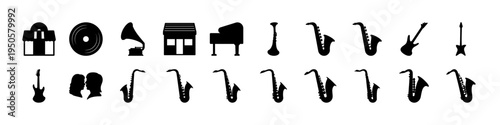 Music Instrument Icons Set with Saxophones - Black silhouette icon collection of musical instruments featuring multiple saxophones, guitars, piano, speakers and music equipment isolated on white backg