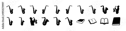 Saxophone Instrument Silhouette Icons Collection Set - Black silhouette icon set of saxophones in different styles and angles with additional music book icons isolated on white background.