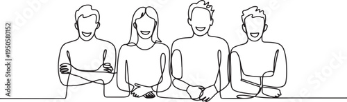 Continuous drawing of a line of four sitting happy team members. One continuous hand-drawn hand silhouette. line art. one line Icon drawing