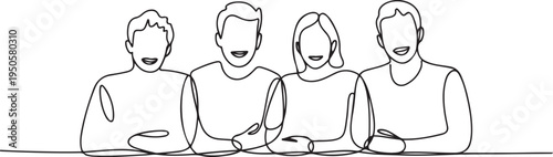 Continuous drawing of a line of four sitting happy team members. One continuous hand-drawn hand silhouette. line art. one line Icon drawing