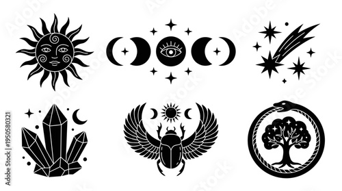 Minimalist Black and White Esoteric Icon Set, Mystical Sun, Moon, and Crystal Vector Illustrations
