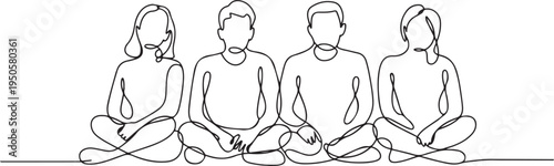 Continuous drawing of a line of four sitting happy team members. One continuous hand-drawn hand silhouette. line art. one line Icon drawing