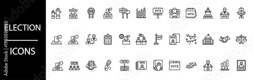 Collection of black and white line icons representing various aspects of modern election processes