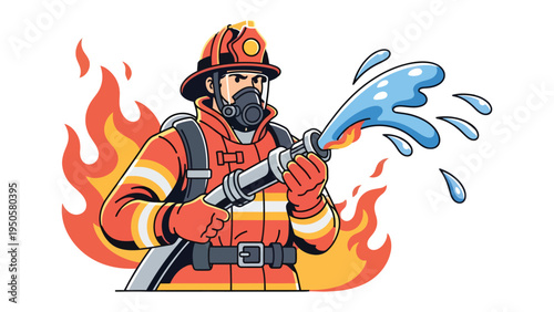 Courage in the Blaze: A firefighter, fearlessly battling a raging fire with a powerful stream of water.