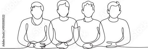 Continuous drawing of a line of four sitting happy team members. One continuous hand-drawn hand silhouette. line art. one line Icon drawing