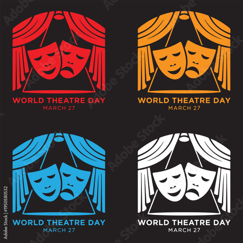 World Theatre Day March 27 logo set. Comedy and tragedy masks on stage with curtains and spotlight in four colors.