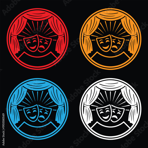 Circular theater badge vector set. Comedy and tragedy drama masks with stage curtains and sunburst on black background.