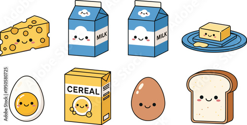 Cute kawaii breakfast food icons set, flat vector illustration of milk, eggs, bread, cheese, and cereal.