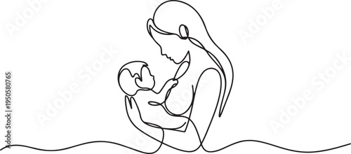 continuous single drawn one line woman is breastfeeding a child drawn picture silhouette. Line art. one line Icon drawing