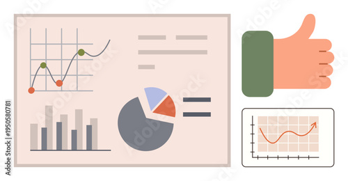 Business analysis, statistics, data tracking, performance evaluation, growth concept, productivity tools. Features graphs, pie chart bar chart and thumbs-up icon. Business analysis and data