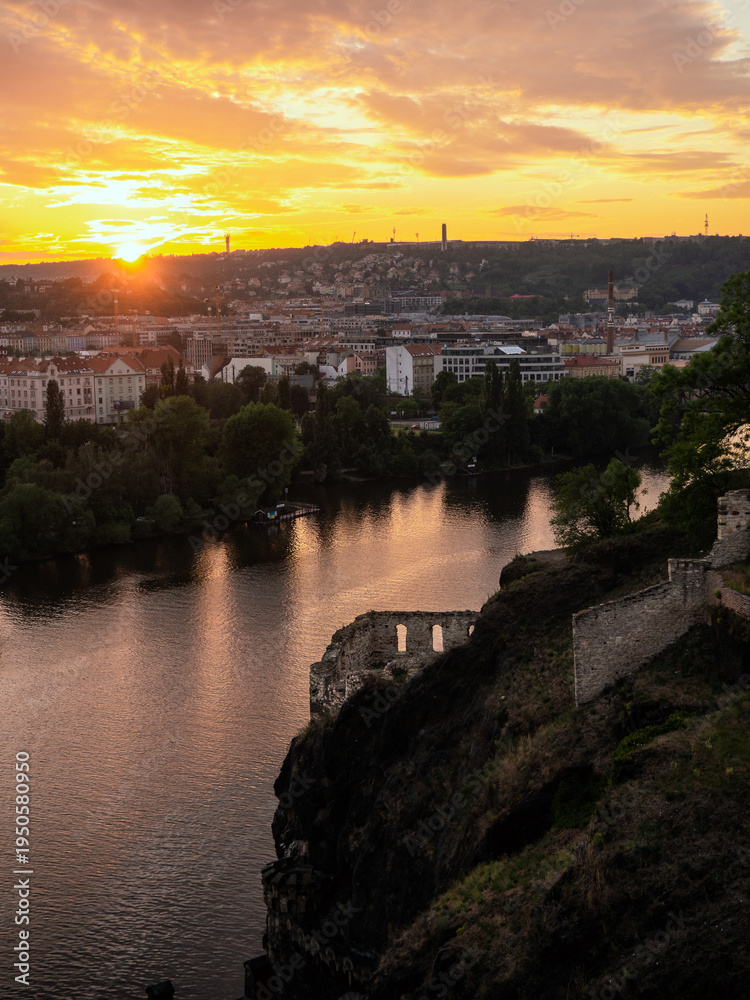 Fototapeta premium sunset over the old city in the evening. panoramic view of Prague