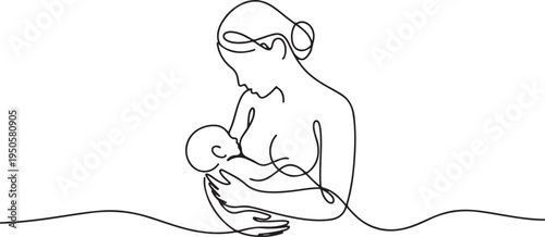 continuous single drawn one line woman is breastfeeding a child drawn picture silhouette. Line art. one line Icon drawing
