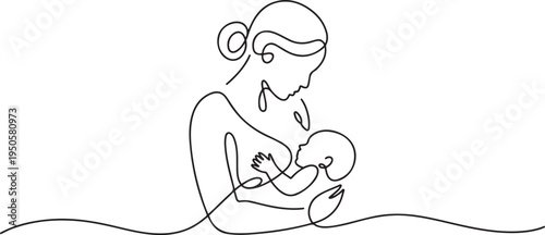 continuous single drawn one line woman is breastfeeding a child drawn picture silhouette. Line art. one line Icon drawing