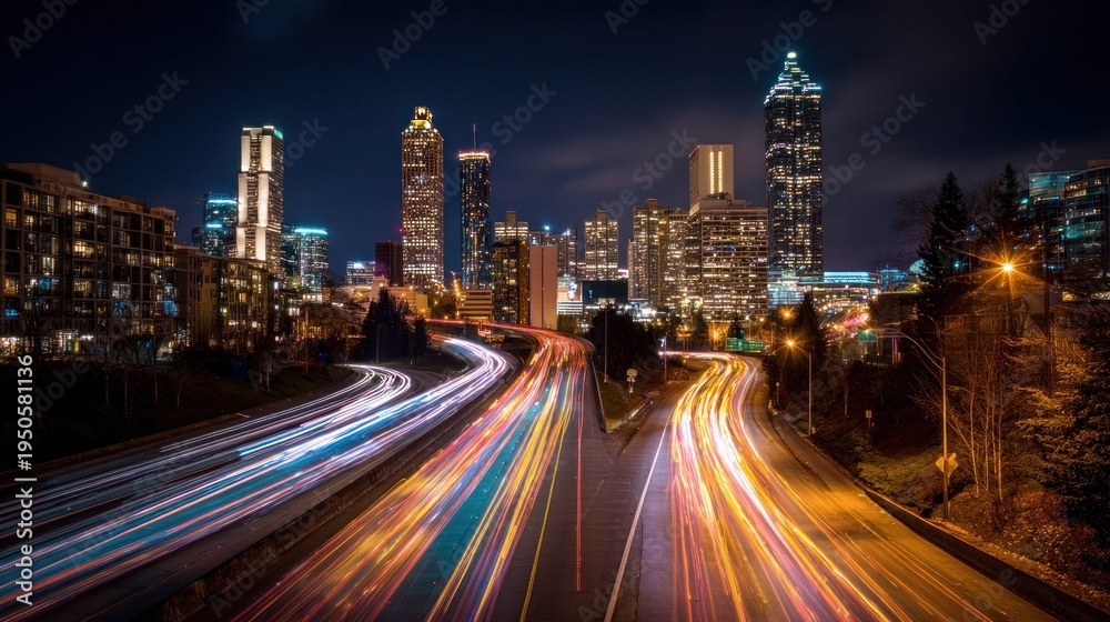Fototapeta premium Nighttime cityscape with illuminated skyscrapers and blurred vehicle trails
