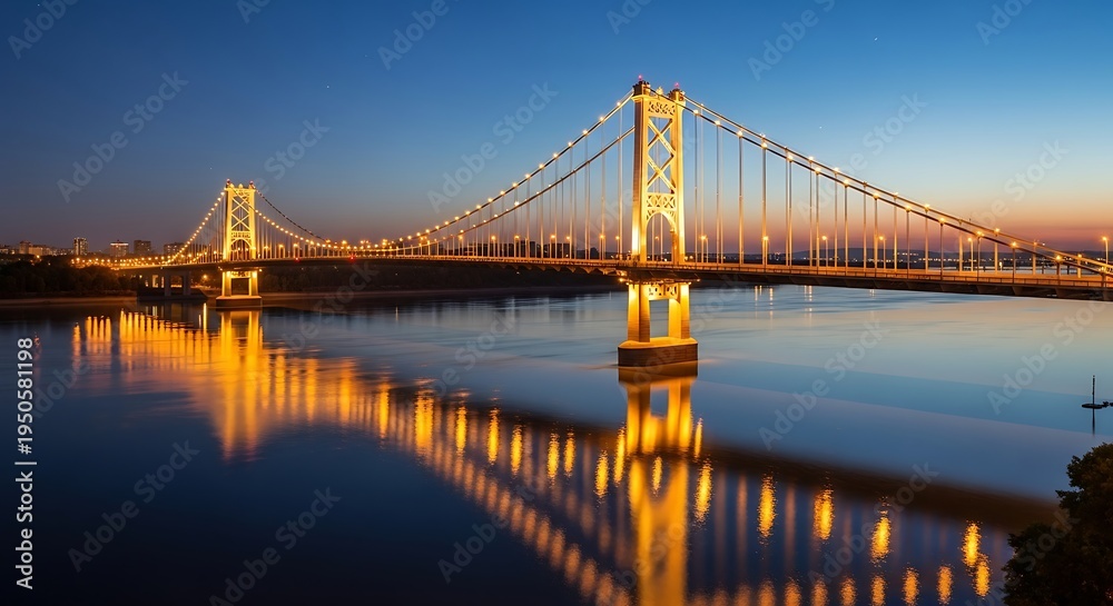 Fototapeta premium Stunning Night View of the Delaware Memorial Bridge Reflecting in the River.