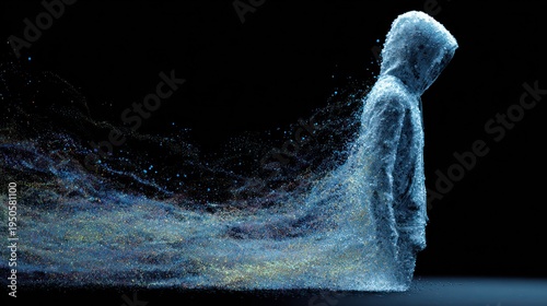 Abstract hooded figure dissolving into particles on a black background