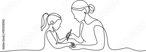 continuous single drawn one line mom makes with daughter lessons drawn from the hand picture silhouette. Line art. one line Icon drawing