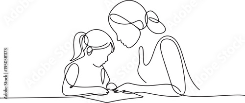 continuous single drawn one line mom makes with daughter lessons drawn from the hand picture silhouette. Line art. one line Icon drawing