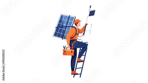 Solar Panel Technician: A skilled technician, equipped with tools, ascends a ladder to install a solar panel, showcasing the commitment to renewable energy