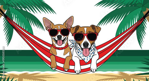Two dogs wearing sunglasses relaxing in a hammock on a tropical beach