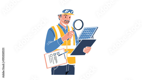 Solar Panel Inspection: An expert assesses the functionality and efficiency of a solar panel. He's holding a magnifying glass and documents.