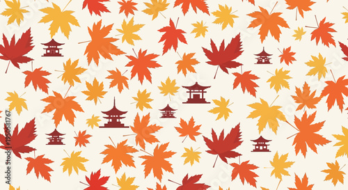 Autumn Japanese Maple Leaves and Pagoda Icons Seamless Pattern
