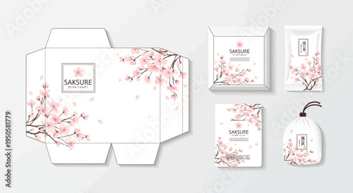 Cherry Blossom Packaging Design Template with Box, Bag, and Card