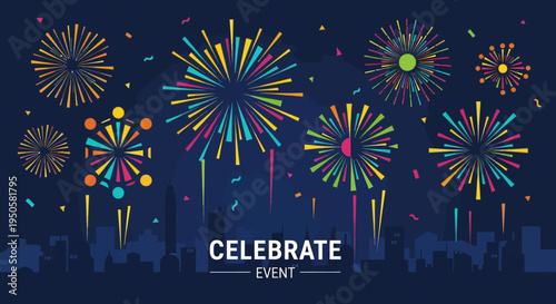 Colorful Fireworks Exploding Over City Skyline at Night - Celebration Event