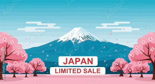Japan Limited Sale Banner: Mount Fuji, Cherry Blossoms, and Traditional Scenery