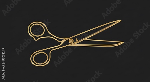 A gold outlined pair of scissors on a solid black background, showcasing detail