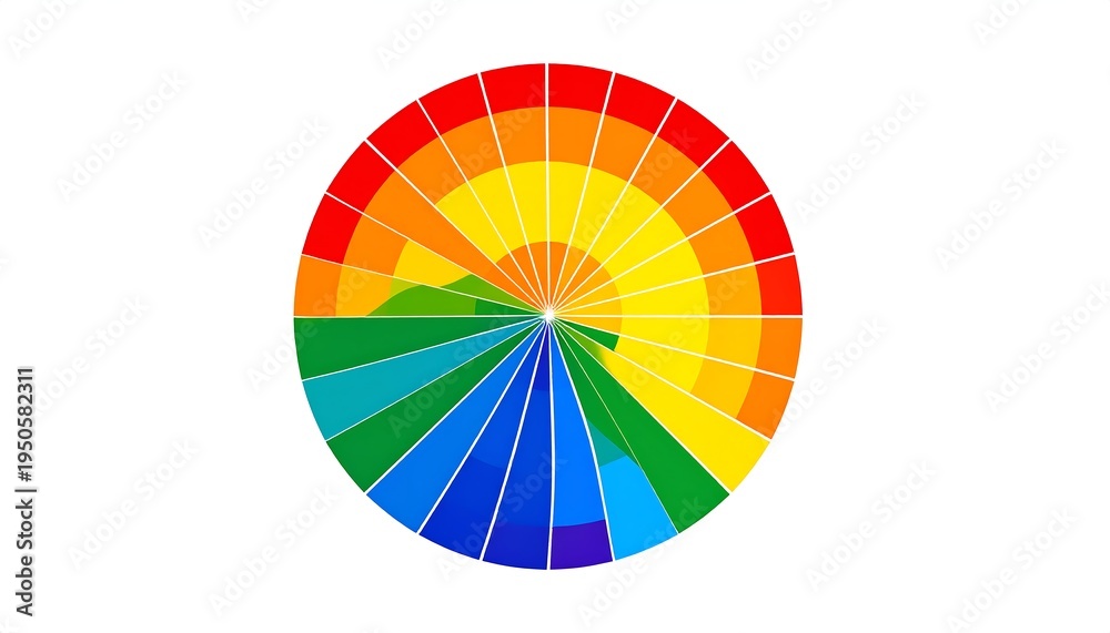Fototapeta premium A vibrant circular design, radiating colors of the rainbow. Geometric segments create a sunburst effect, against a stark white background