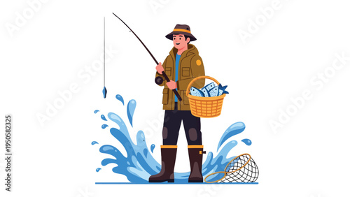 Fishing Day: An individual engages in the art of fishing, holding a fishing rod and a basket with some fishes, against a backdrop of water splashes and a fishing net. 
