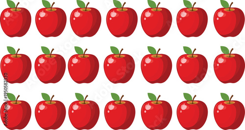 Red apple icon pattern. Cute glossy apples with green leaves arranged in rows. Fresh fruit vector background for packaging, textile, wallpaper and food design.