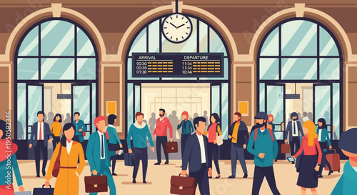 Busy Train Station Hall with Travelers and Departure Board