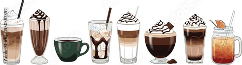 Coffee drinks set. Latte, cappuccino, mocha, iced coffee, milkshake and cold beverage illustrations. Cafe menu drink collection with whipped cream for coffee shop design.