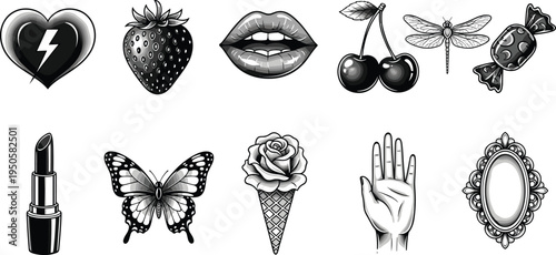 Vintage tattoo flash icon set. Heart, strawberry, lips, cherries, butterfly, rose, lipstick and hand. Retro engraved tattoo style illustrations for stickers, posters, design.