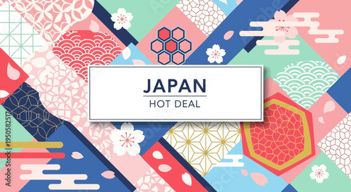 Japan Hot Deal Travel Banner with Traditional Patterns and Cherry Blossoms