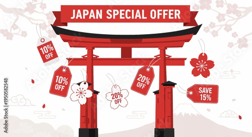 Japan Special Offer: Torii Gate with Discount Tags and Mount Fuji