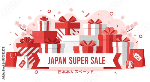 Japan Super Sale Celebration with Gift Boxes and Cherry Blossoms