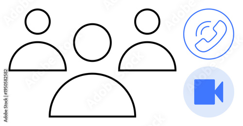 Teamwork, remote meetings, digital connectivity, video conferencing, telecommunications, collaboration. Outline of three people with phone and video call symbols. Teamwork and remote meetings concept