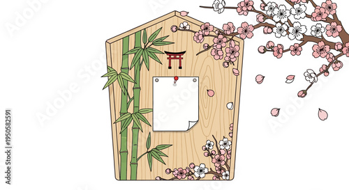Japanese Ema Prayer Plaque with Cherry Blossoms and Bamboo