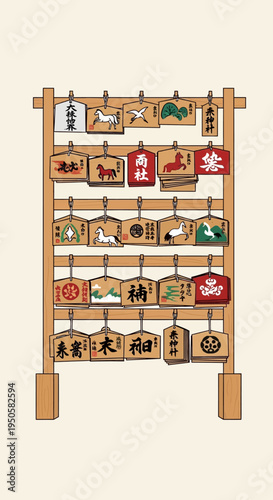 Japanese Ema Prayer Tablets with Wishes and Symbols on Wooden Stand