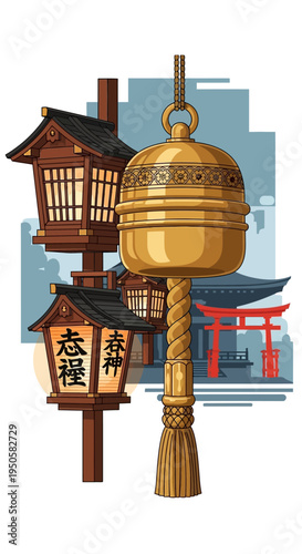 Japanese Temple Bell and Lanterns with Torii Gate in Background
