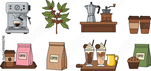 Coffee shop elements set. Espresso machine, coffee beans plant, grinder, takeaway cups and desserts. Cafe equipment and drink vector collection for barista menu design.