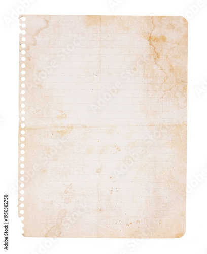 Aged, Stained Rumpled Notebook Page.