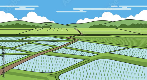 Lush Green Rice Paddies with Winding Path Under a Blue Sky