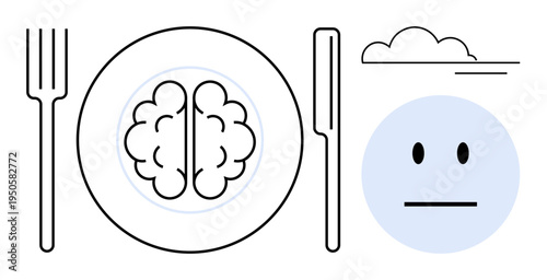 Nutrition, mental health, brain food, diet concepts, cognitive support, human emotions. Simplistic ion of a brain on a plate with a neutral face and cloud. Nutrition and mental health concepts