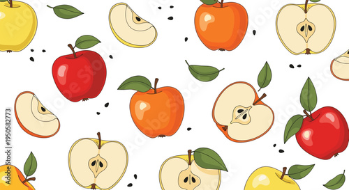 Apple fruit seamless pattern. Whole and sliced apples with leaves and seeds. Hand drawn autumn harvest background. Fresh organic fruit illustration for textile, packaging, wallpaper.
