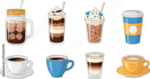Coffee drinks icon set. Latte, cappuccino, iced coffee, frappe and takeaway cup illustrations. Cute cafe beverage collection for coffee shop menu design.